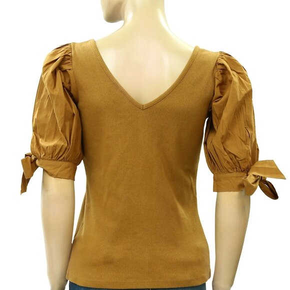 Maeve Anthropologie Puff-Sleeved Blouse Top Ribbed Tie Cuff Gold S NWT 283434 - Picture 6 of 7